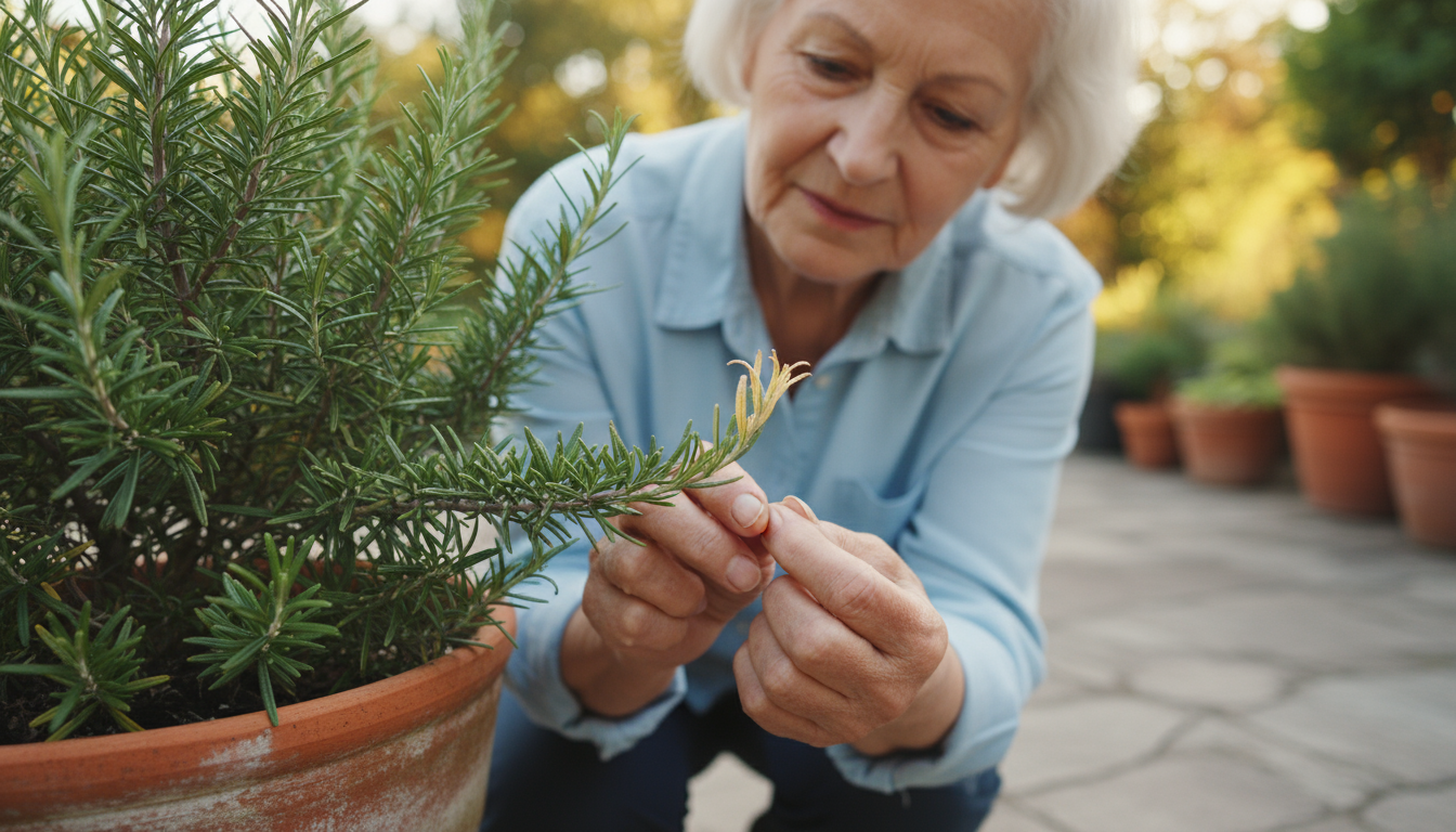 Senior woman on a balcony harvesting loose-leaf lettuce from a pot, surrounded by containers of bush beans and cherry tomatoes.