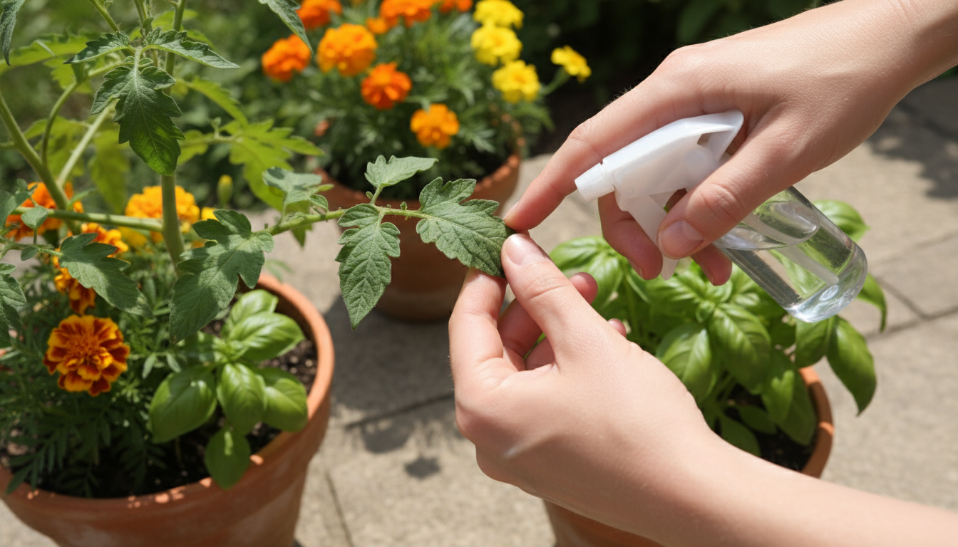Young adult gardener intently observing basil and marigolds in a terracotta pot on a balcony railing, thoughtful expression.