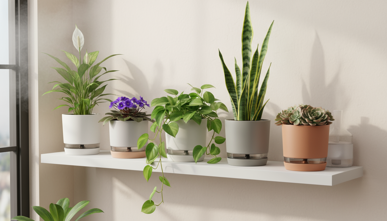 Three potted plants on a weathered balcony table. A snake plant has a subtly yellowed lower leaf; a succulent pot shows white salt buildup on soil; a 