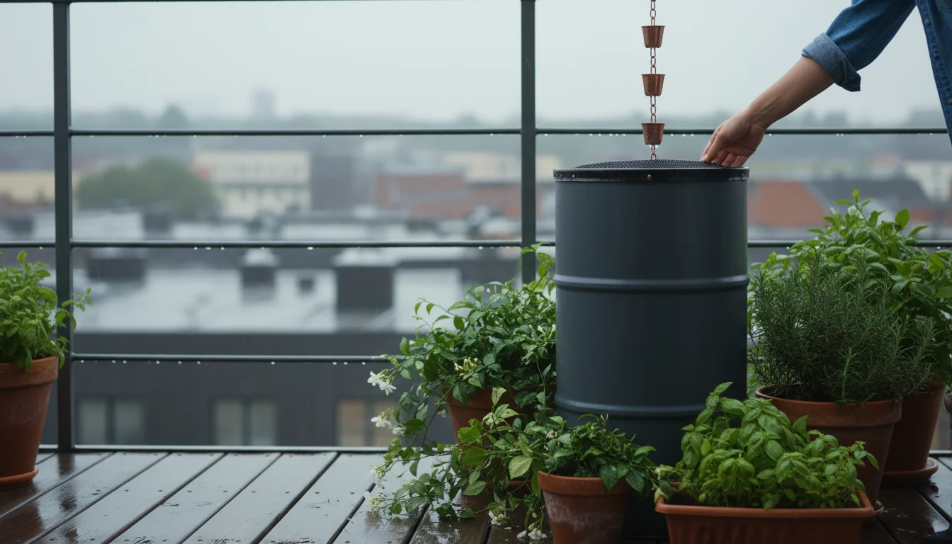 A slim, dark grey rain barrel with a mesh screen on an urban balcony, surrounded by wet container plants, collects rainwater.