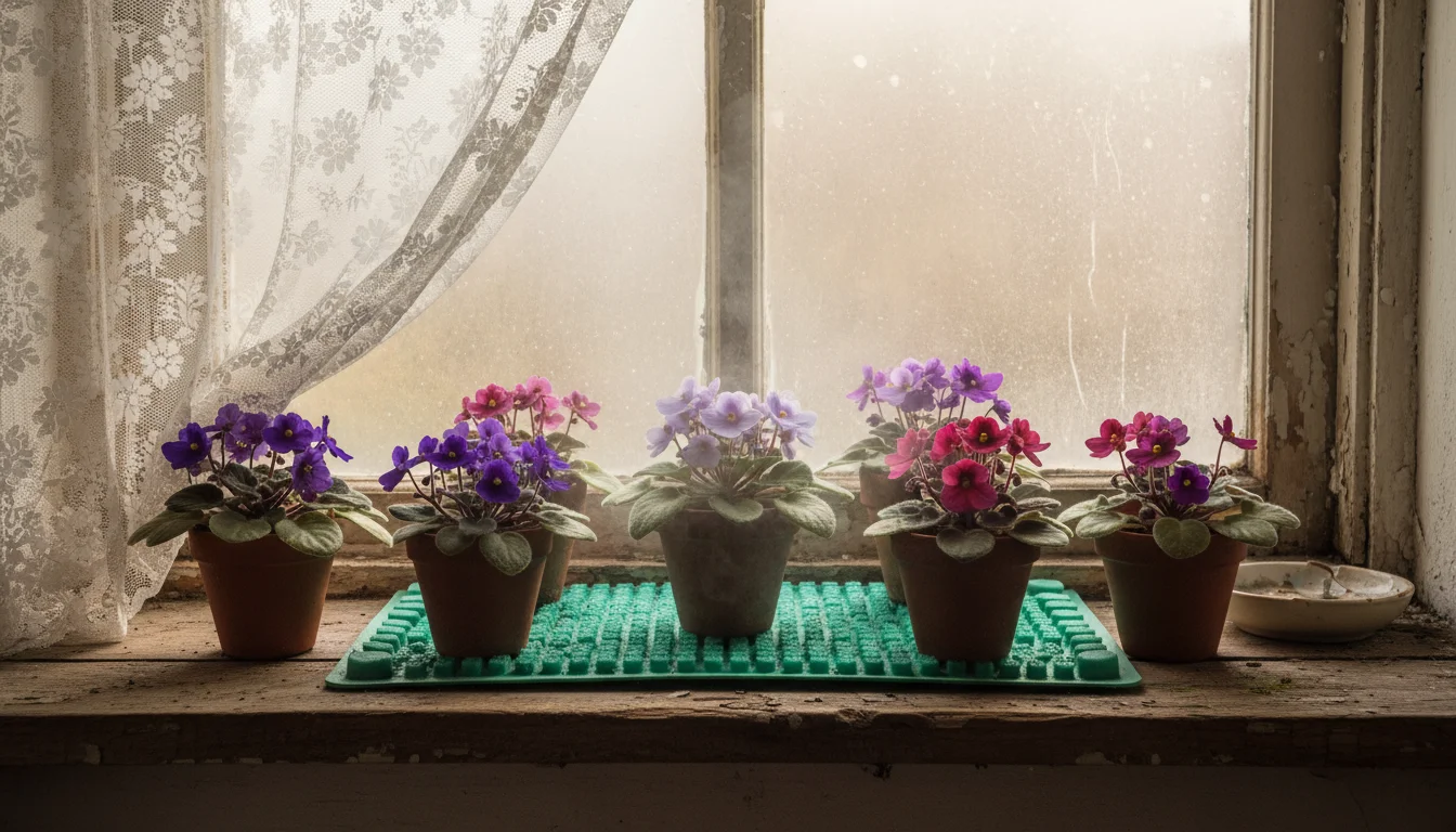 Small African violet plants on a green seedling heat mat on a wooden windowsill, with a frosted window in the background.