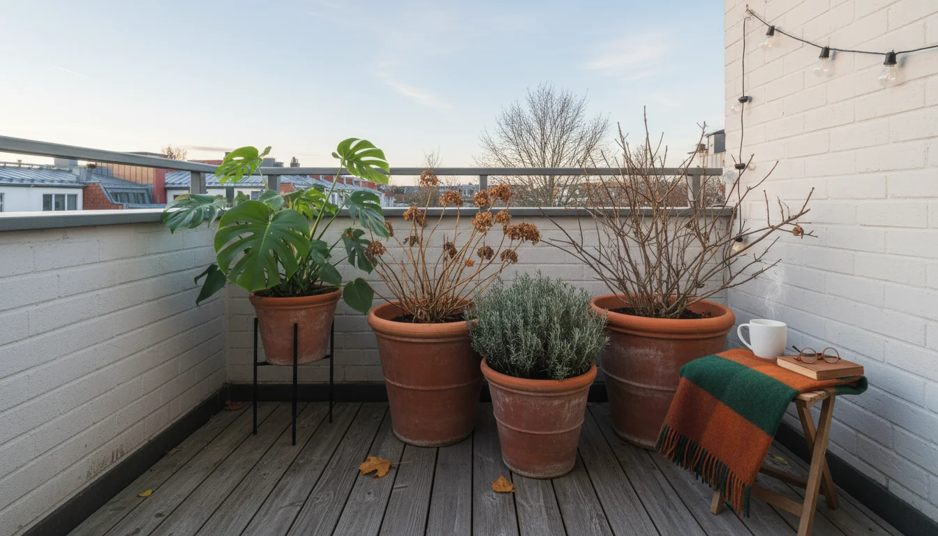 A small balcony features terracotta pots with dormant plants and a lush tropical plant near a glass door.