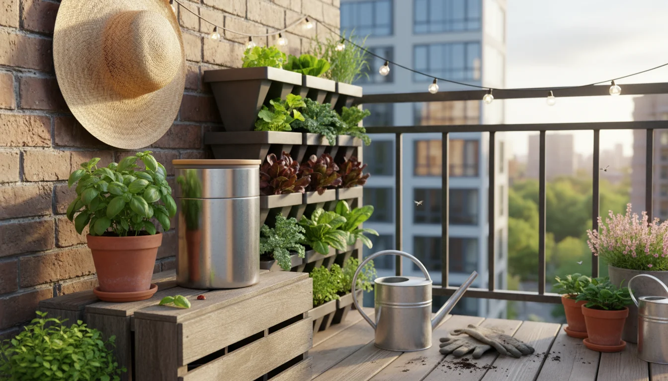 An eye-level view of a small balcony garden showing a countertop compost bin, terracotta pot, vertical planter, fabric grow bag, and rain barrel.