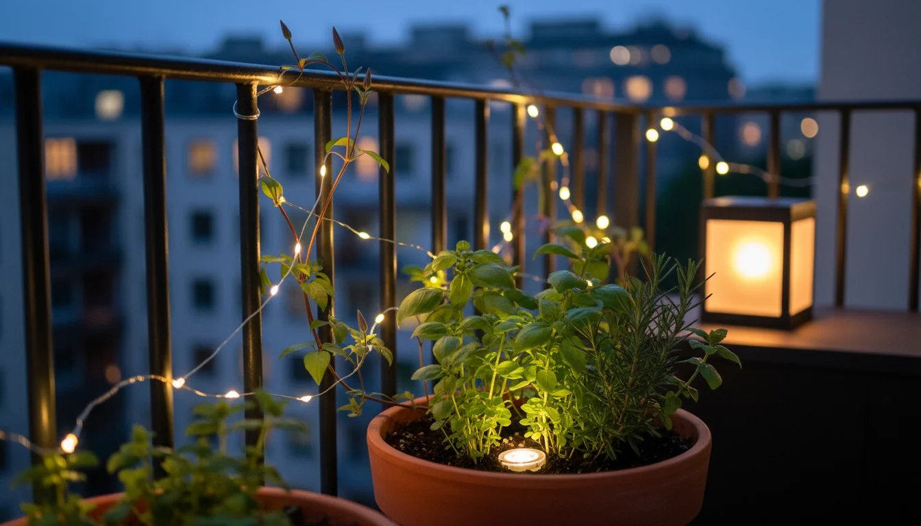 Eye-level view of a small balcony garden at dusk, showcasing different lighting types: an LED puck light illuminating herbs, fairy lights on a railing