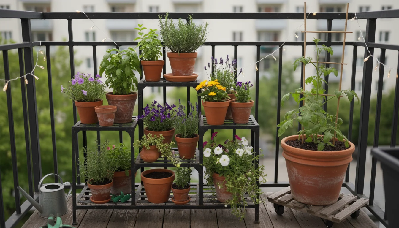 A small balcony garden features pots on a multi-tiered stand, a rolling plant caddy, and a subtle string of fairy lights.