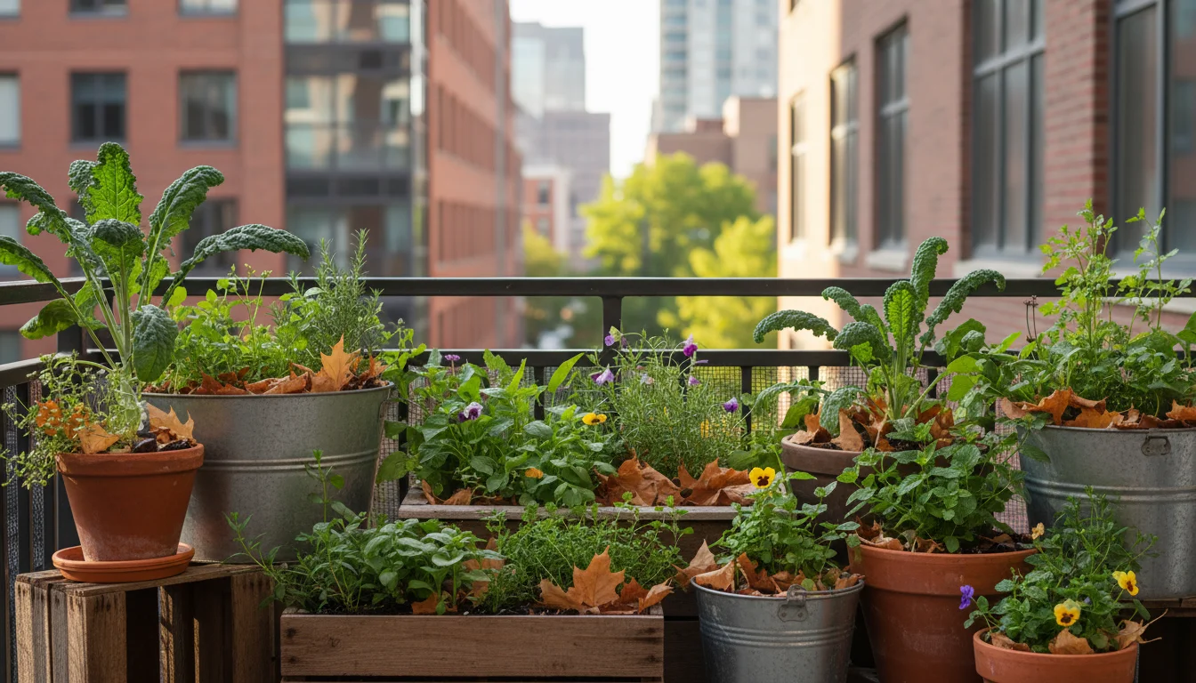 A small balcony garden with healthy plants in various pots, where fallen autumn leaves naturally cover the soil in many of them.