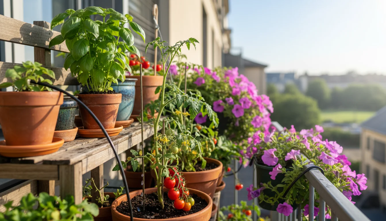 Close-up of a small balcony garden with thriving container plants and visible drip irrigation lines slowly watering the soil at the base.