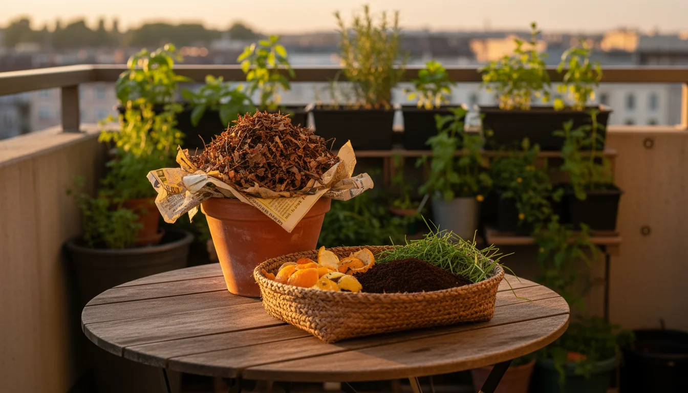 A small balcony table displays composting ingredients: a pot of dried leaves and paper, a basket of fruit peels, coffee grounds, and grass.