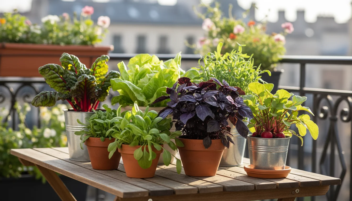 A small balcony table filled with vibrant container-grown edibles: red Swiss chard, lettuce, basil, arugula, and radishes, ready for harvest.