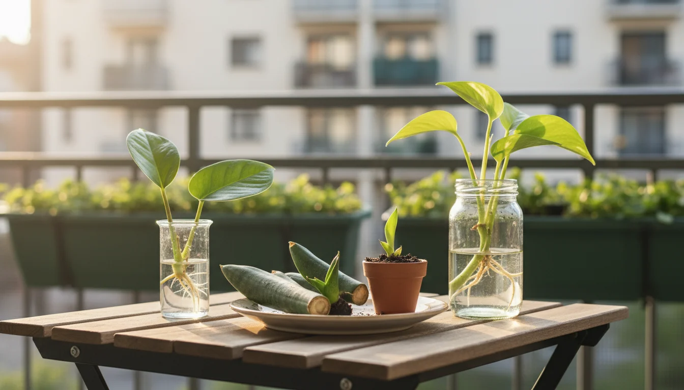 A close-up view of a small balcony table featuring three different houseplant propagation methods: Snake Plant leaf cuttings, a ZZ plant leaf in water