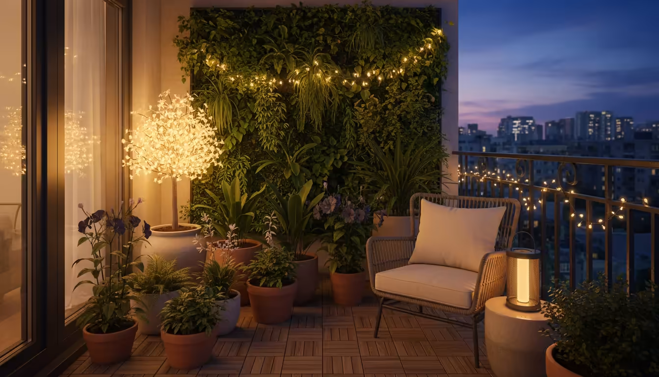 A small, inviting balcony at twilight, featuring artfully arranged pots, a vertical garden with fairy lights, and a solar lantern.
