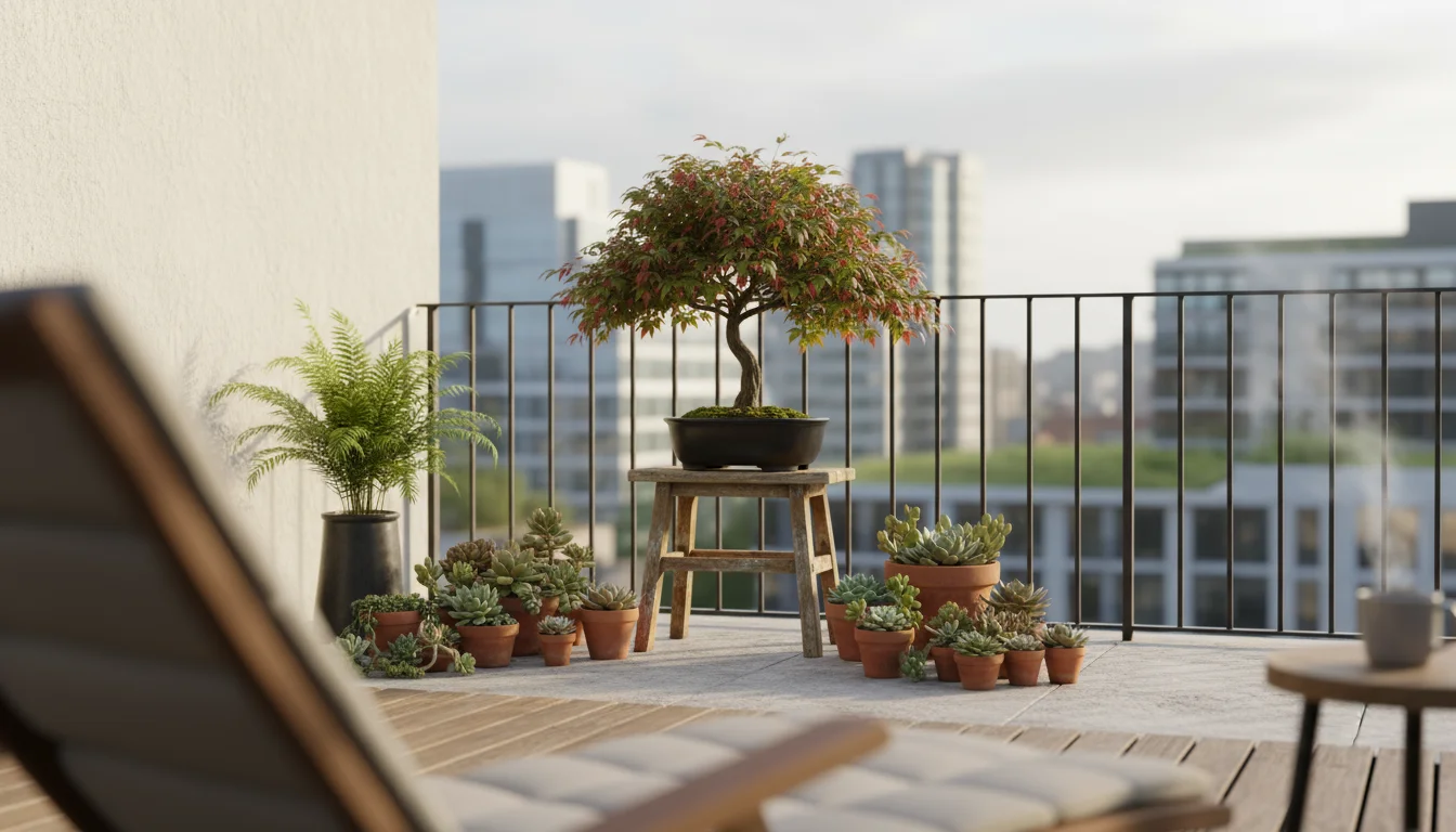 Eye-level view of a small balcony Zen garden. A miniature Japanese maple in a black pot serves as the focal point, framed by other container plants.