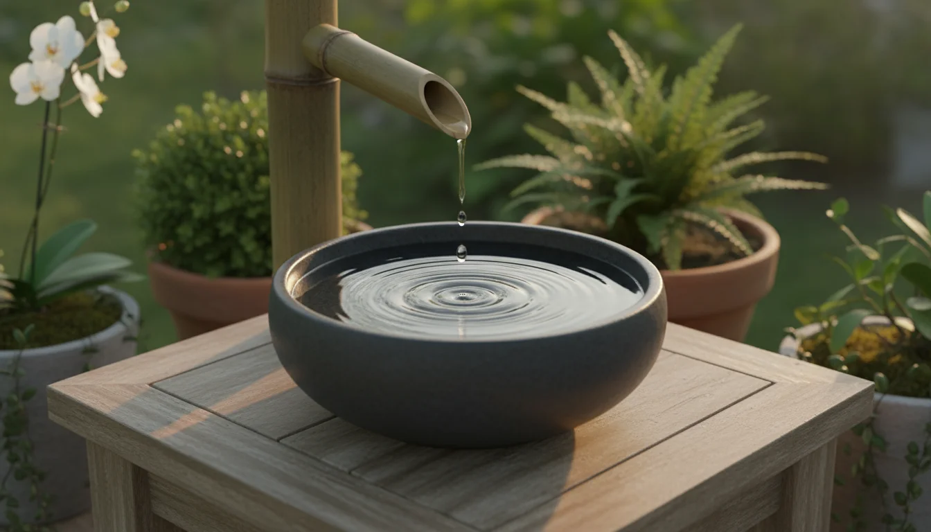 Close-up of a small bamboo spigot dripping water into a dark ceramic basin on a wooden stand, surrounded by potted plants on a patio.