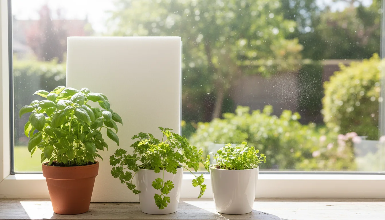Small basil and parsley pots on a sunlit, clean windowsill with a white board reflecting light. A hand adjusts one pot.
