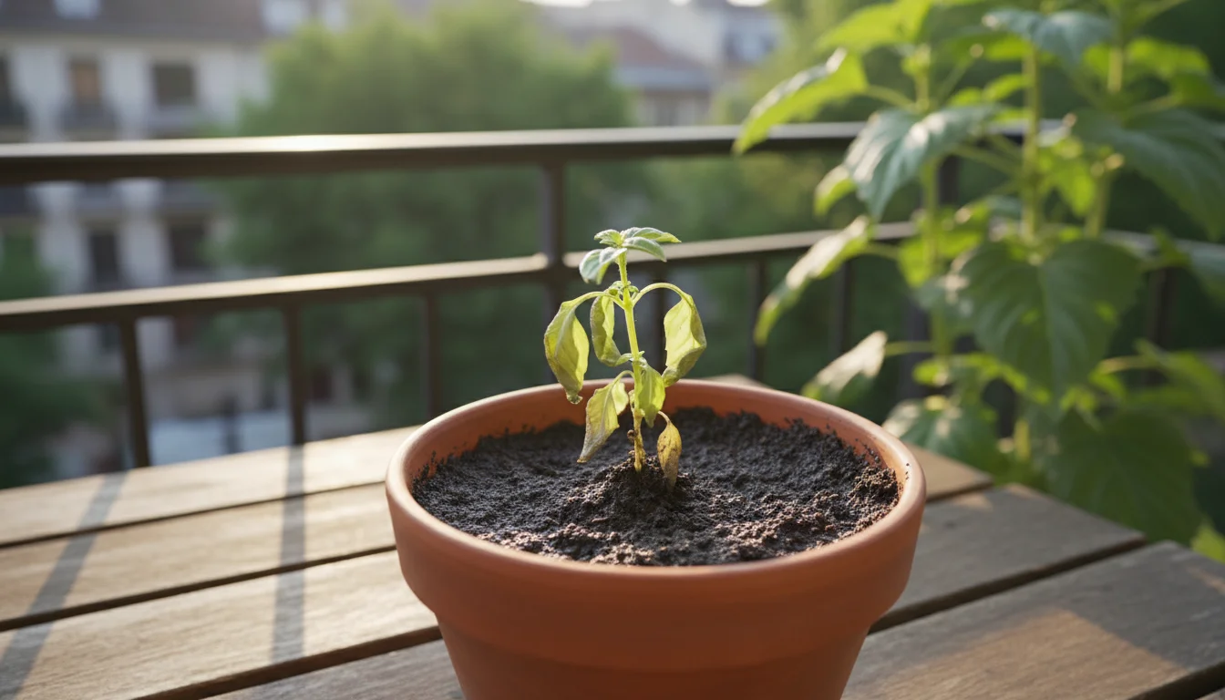 Small basil plant in a terracotta pot on a wooden balcony table. Its yellow, drooping leaves and damp soil suggest overwatering.
