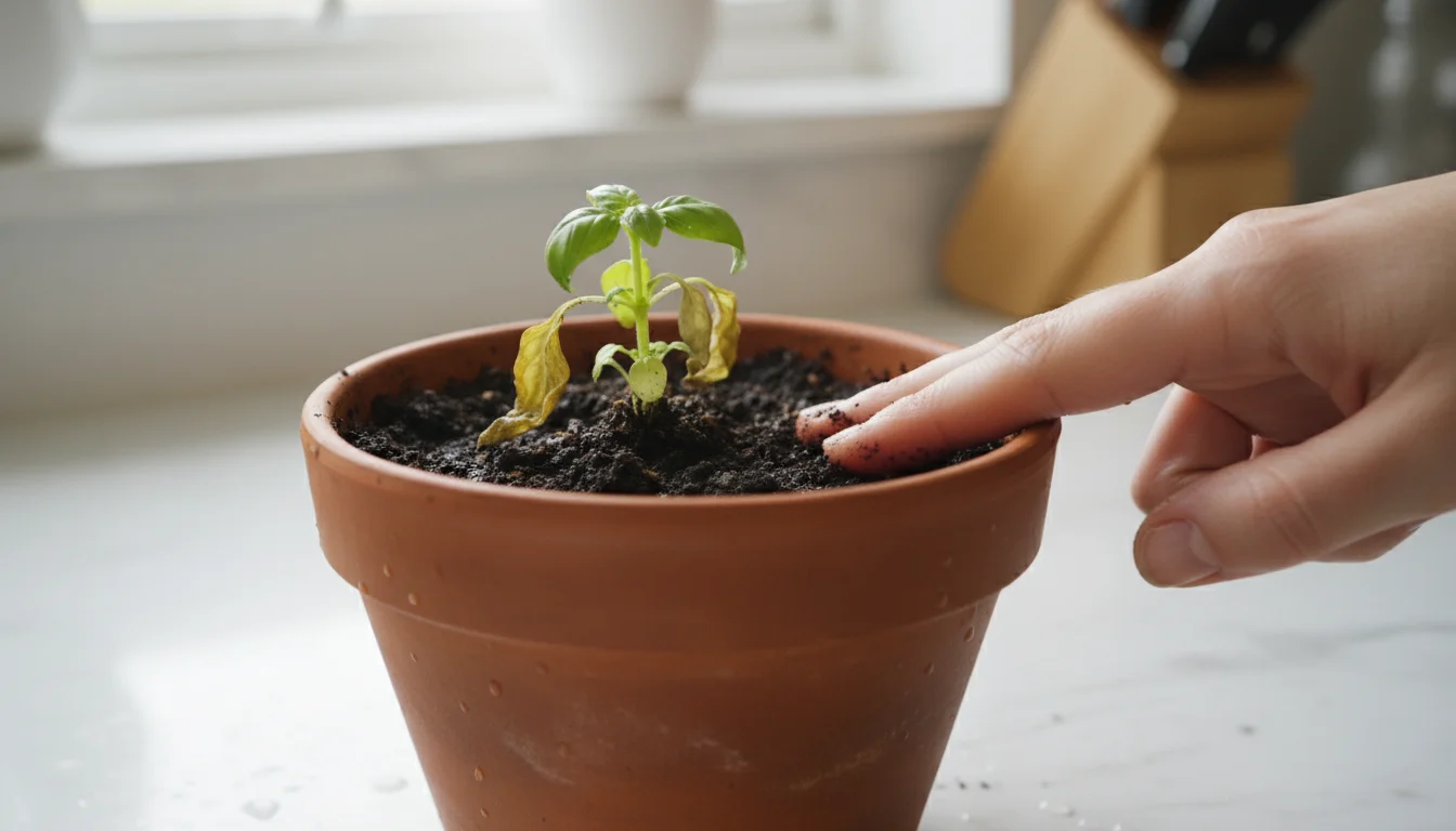 Close-up of a small basil plant in a terracotta pot with yellowing lower leaves. A hand gently checks the damp soil.