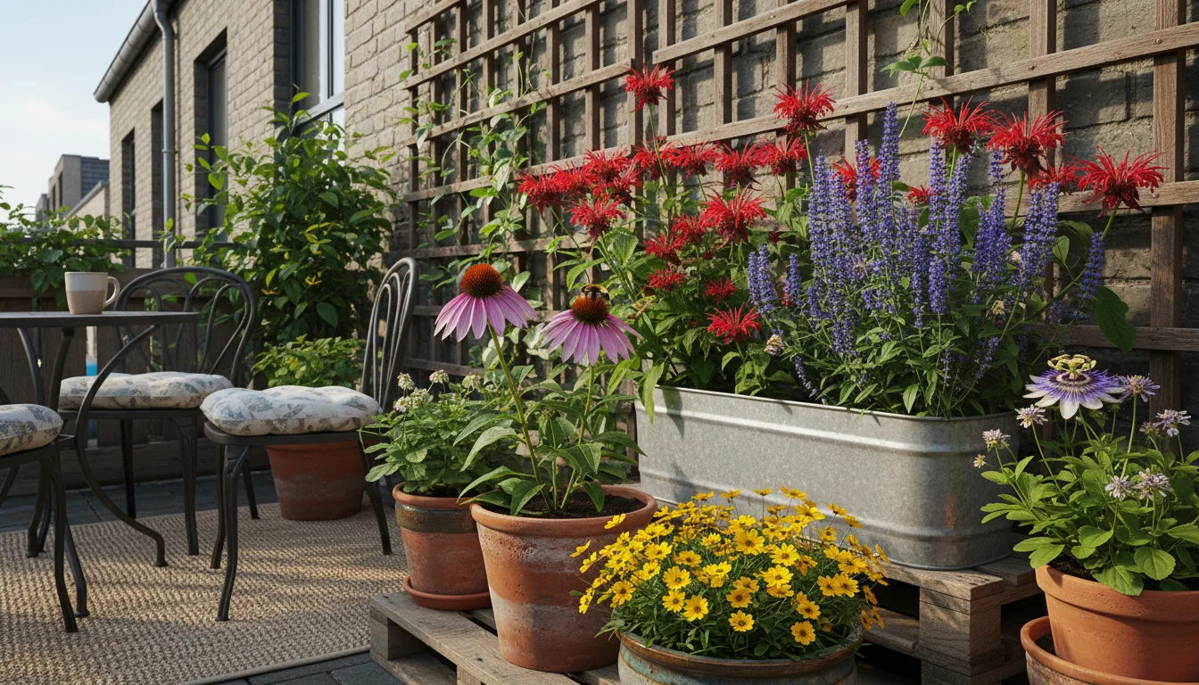 A small bee pollinates a purple coneflower in a terracotta pot on an urban patio, surrounded by other native plants in containers.