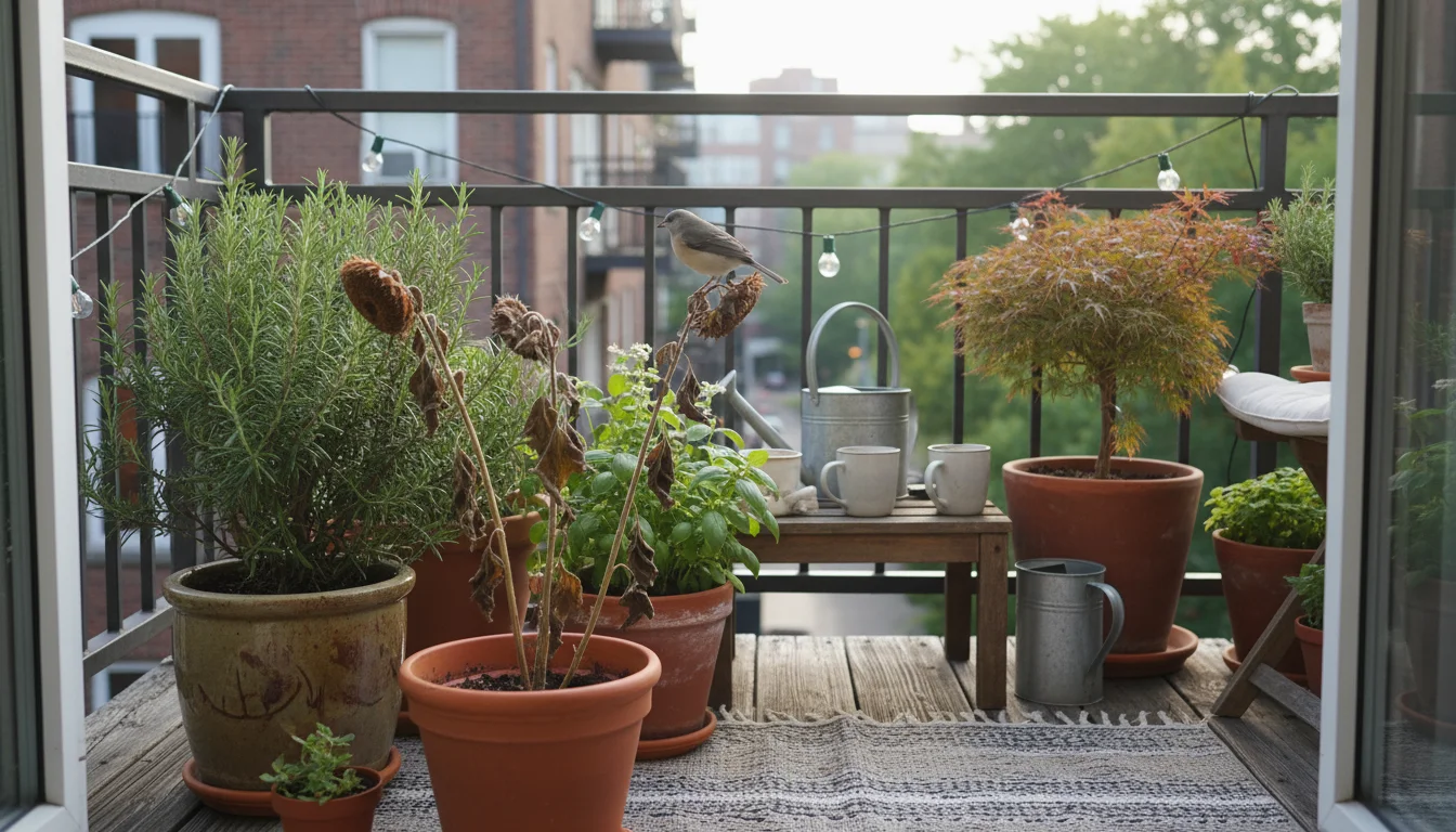 A small bird perches on a container plant on a vibrant urban balcony, a person's hand holding a mug nearby.