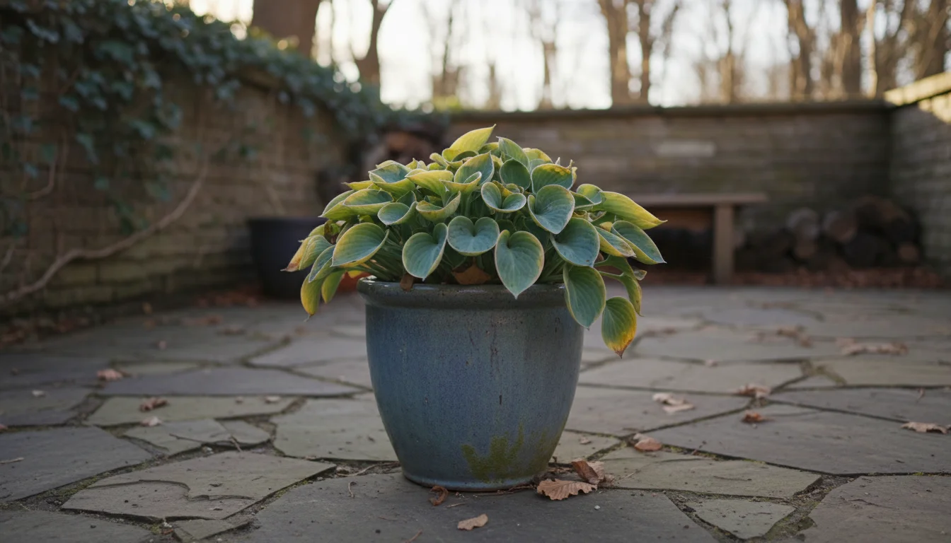 A small 'Blue Mouse Ears' hosta plant with blue-green leaves showing signs of yellowing sits in a blue-grey pot on a stone patio, entering winter dorm