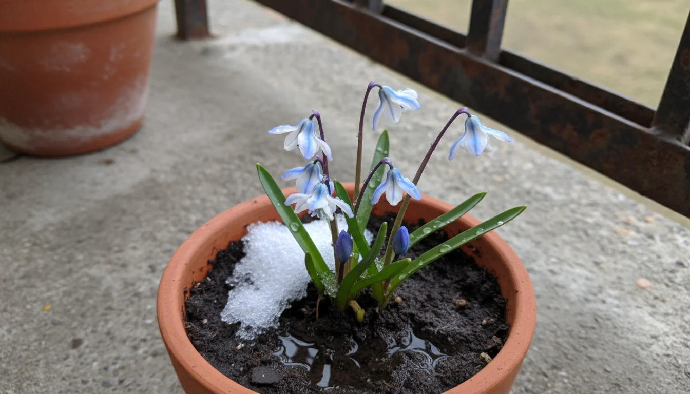 Close-up of small blue and white Chionodoxa flowers blooming in a terracotta pot, with melting snow on the soil, on an urban balcony.
