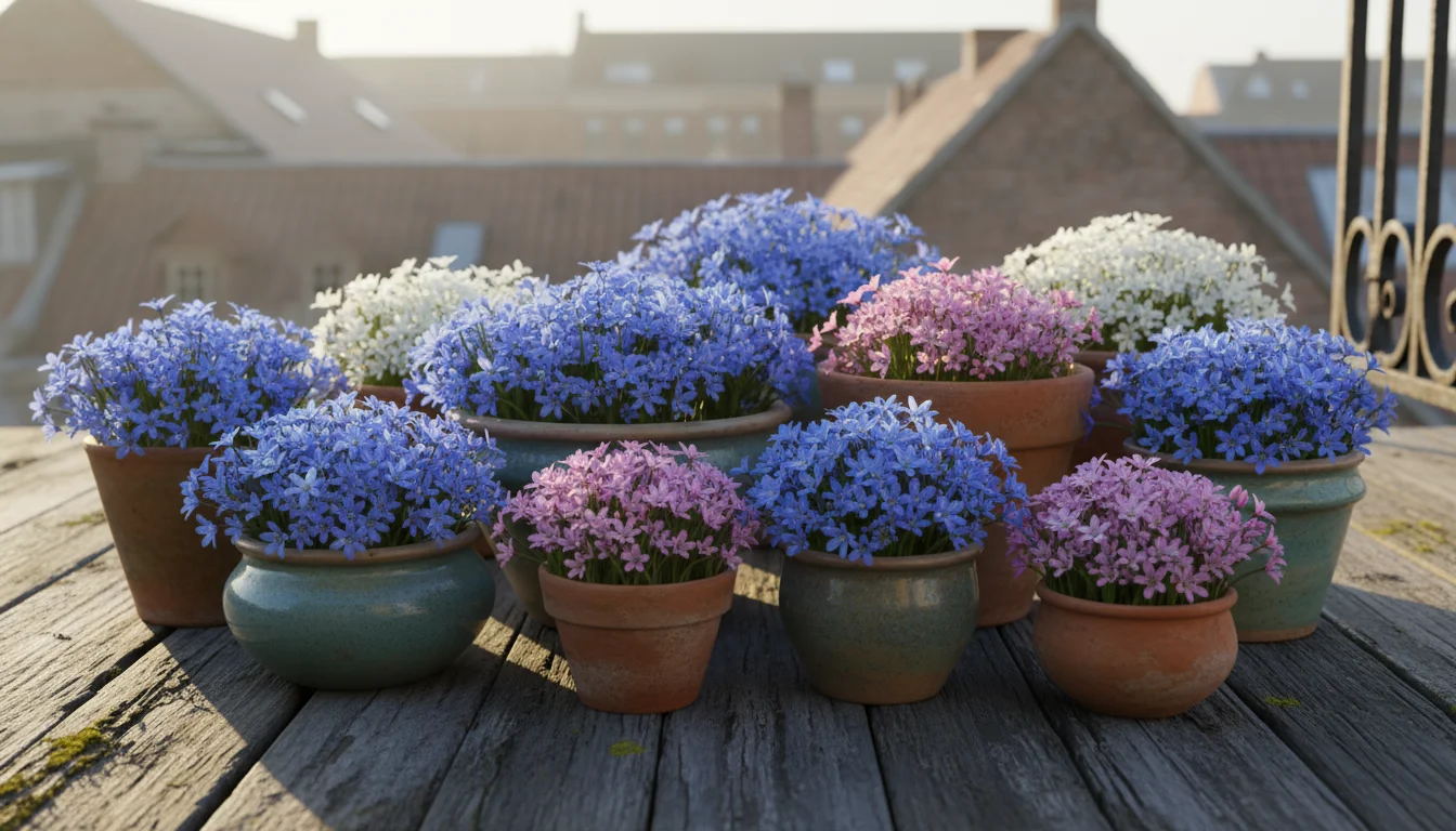 Small blue, white, and pink Scilla flowers densely packed in various pots on a wooden balcony floor bathed in soft morning light.