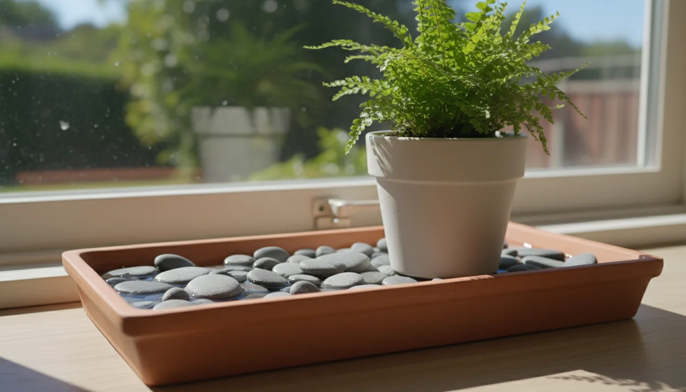 A small Boston fern in a cream pot sits on a terracotta pebble tray filled with water and river stones, on a light wooden windowsill.