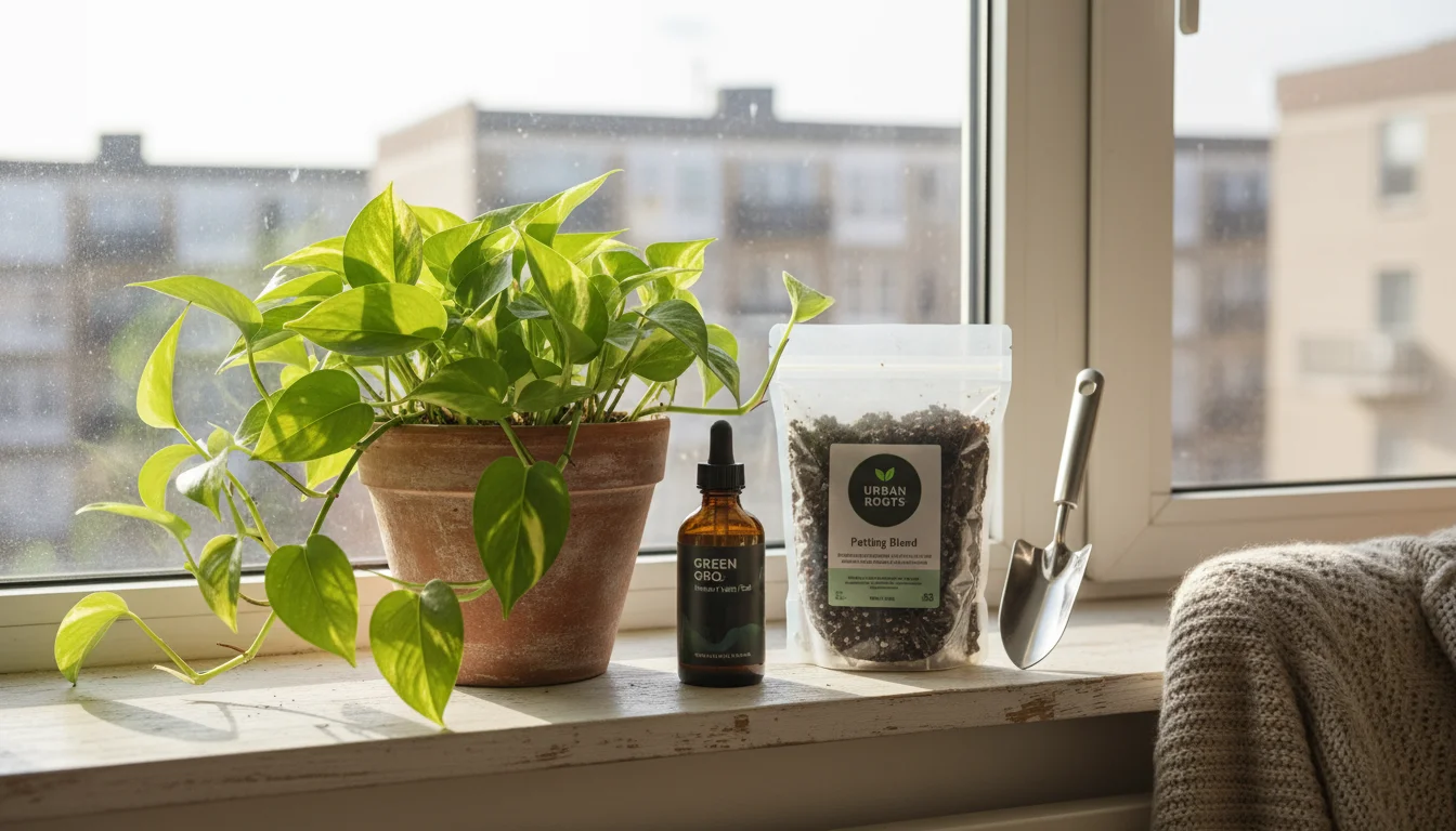 Small bottle of liquid houseplant fertilizer and a clear bag of potting mix on a windowsill next to a Pothos plant.