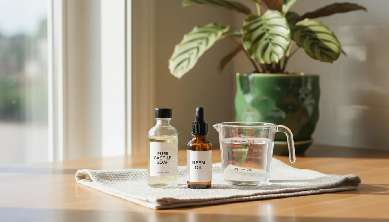 Small clear bottles of Castile soap and neem oil, plus a glass of water, on a linen cloth with a blurred plant in the background.