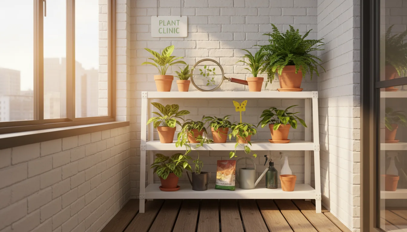 A small, bright plant quarantine area with potted houseplants, a magnifying glass, and pest trap on a shelf, suggesting careful inspection.