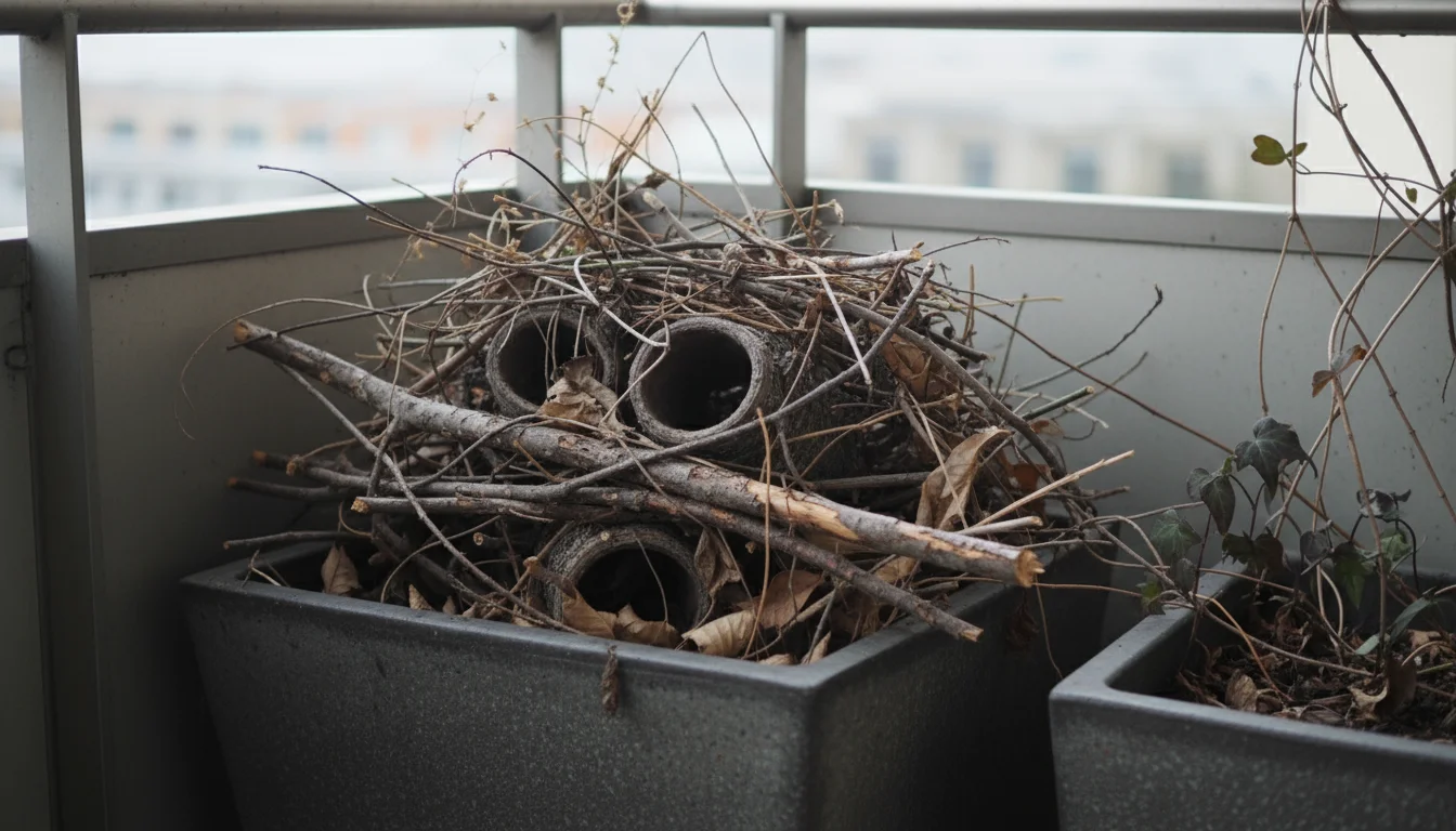 Small brush and log pile made of twigs and bark, tucked against a dark planter on an urban balcony for insect shelter.