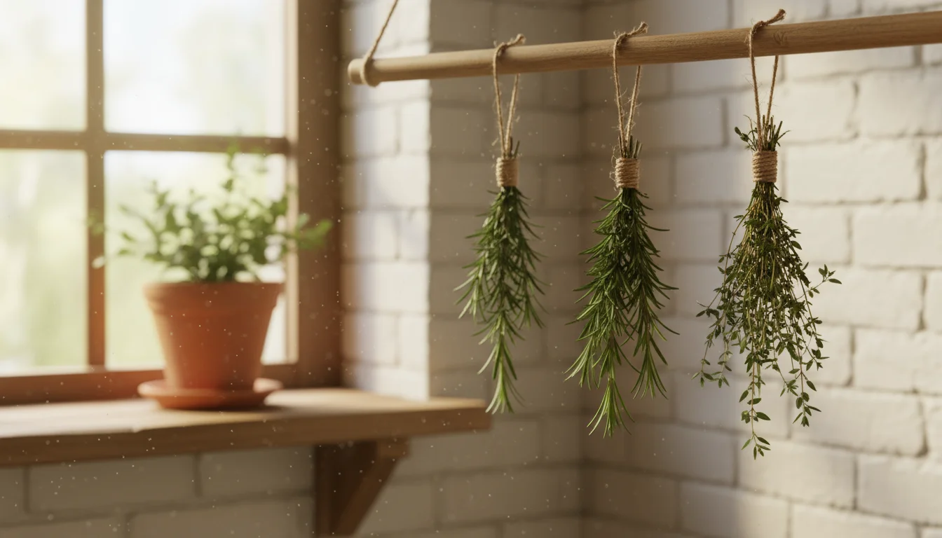Small bundles of fresh thyme and rosemary hang upside down to air dry in a sunlit kitchen nook.