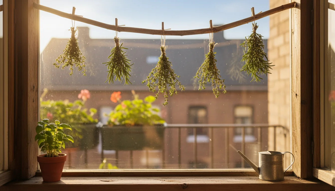 Small bundles of rosemary, thyme, and oregano hang upside down to air dry from a simple rack in a sunlit urban balcony corner.