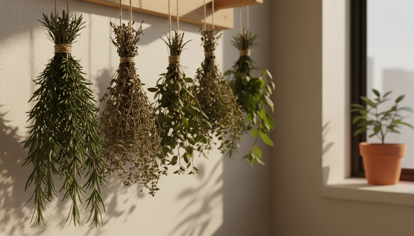 Small bundles of rosemary, thyme, oregano, and mint hang upside down from twine on a drying rack in a sunlit apartment corner.