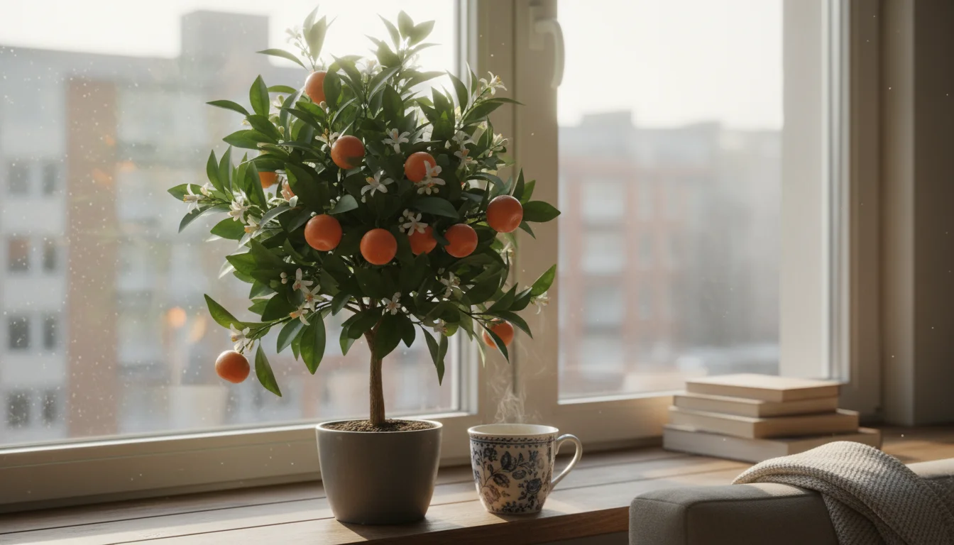 A small Calamondin orange tree with both ripe fruits and white flowers on a sunny windowsill, next to a steaming mug.