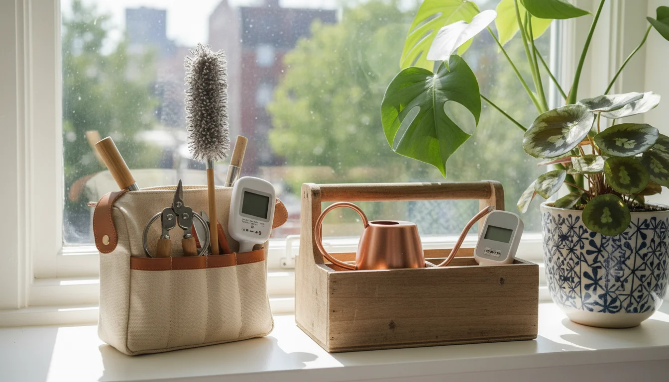 A small canvas bag with mini gardening tools on a windowsill next to a potted houseplant.