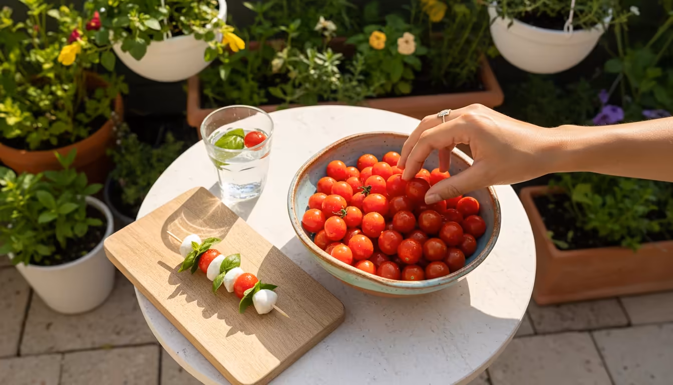 Overhead view of a small ceramic bowl of 'Micro-Tom' tomatoes on a patio table with a caprese skewer, hand reaching for a tomato.