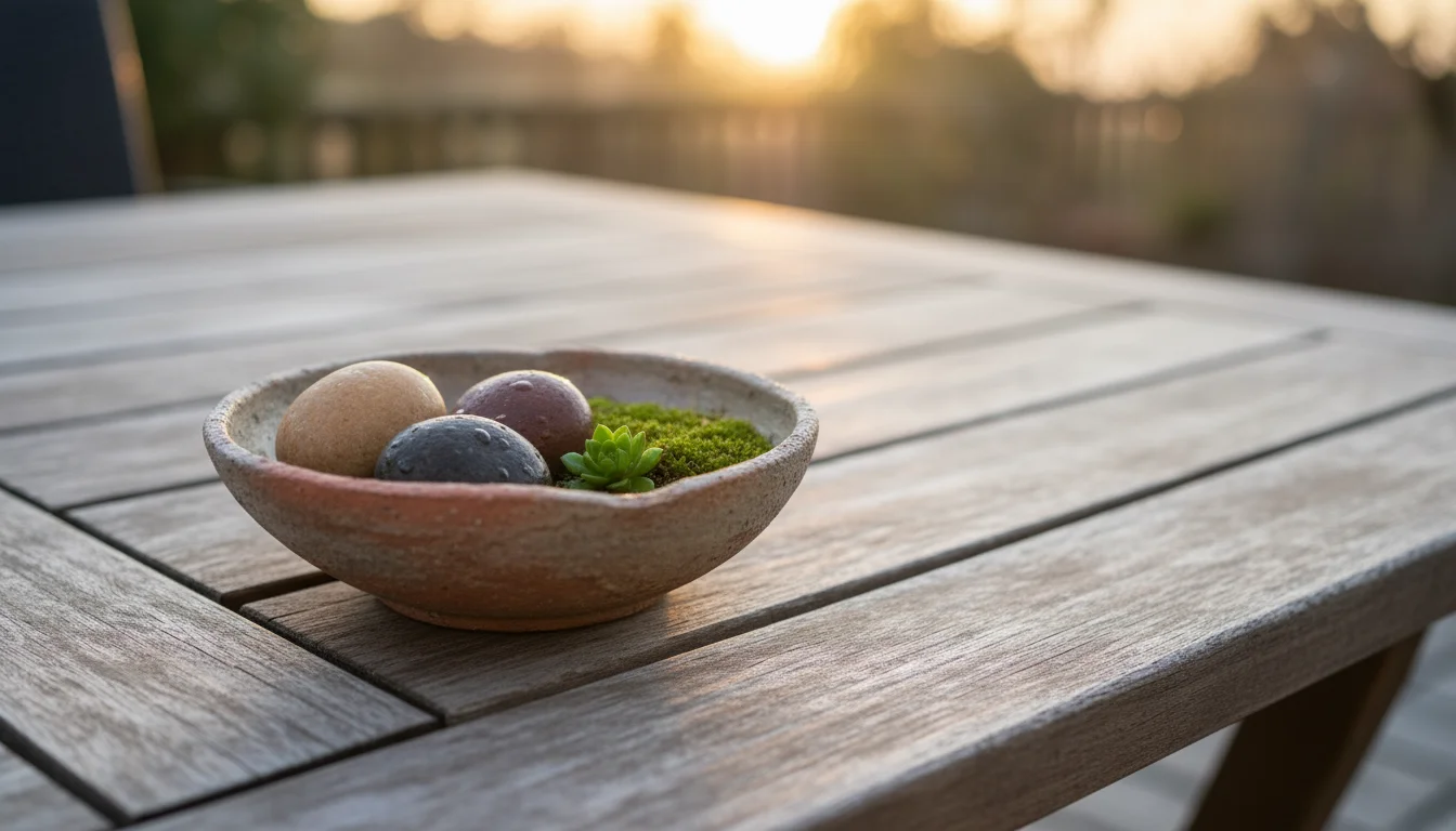 Close-up of a small ceramic bowl planter on a wooden table, featuring an asymmetrical arrangement of three river stones and a succulent.