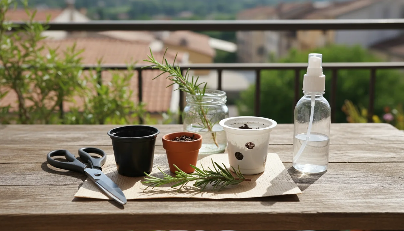 A small collection of gardening tools on a wooden table: a rosemary cutting, sharp shears, a plastic pot, terracotta pot, and recycled yogurt cup with