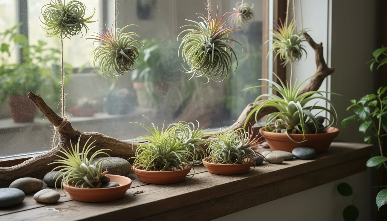 A small collection of healthy Tillandsia air plants displayed on a wooden windowsill with natural elements.