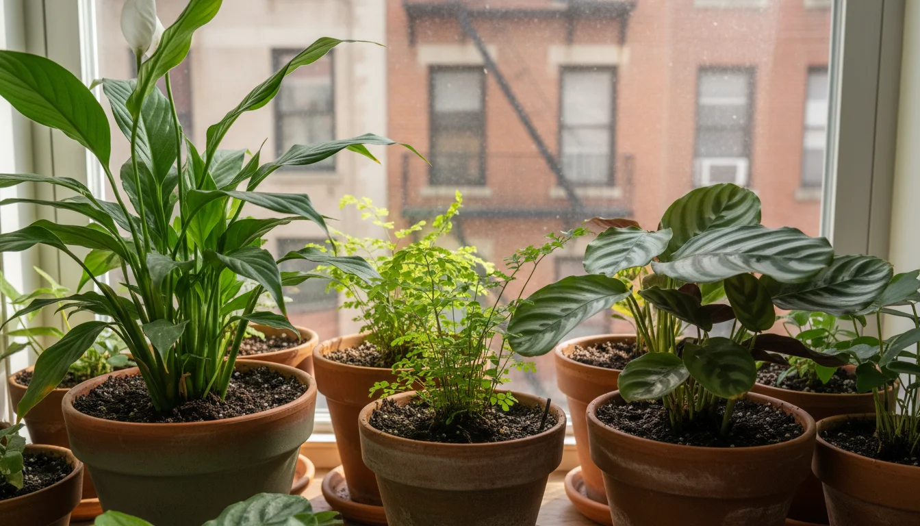 A small collection of indoor plants on a window shelf, including a Peace Lily, Maidenhair Fern, and Calathea, in varied pots with visible moist soil.