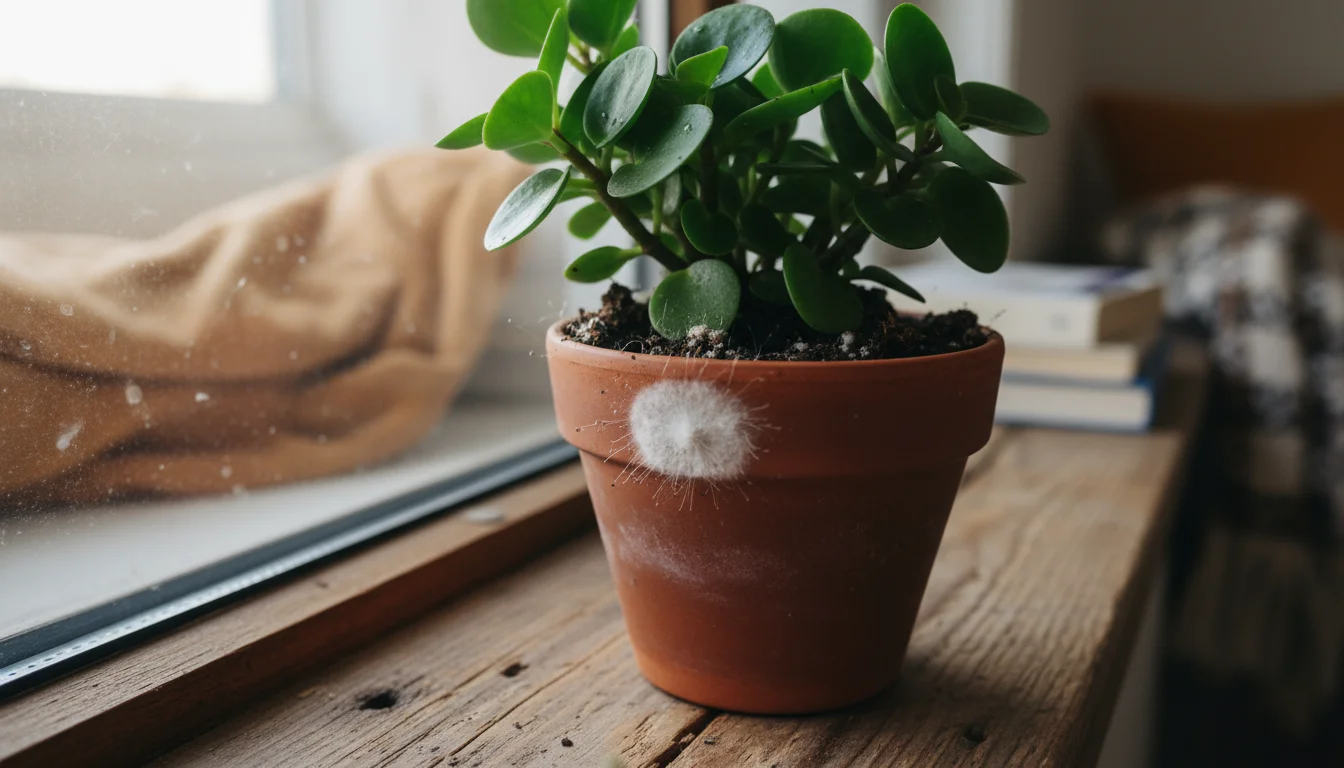 Close-up of a small container plant with fuzzy white mold growing on its soil surface, a hygrometer sits nearby.