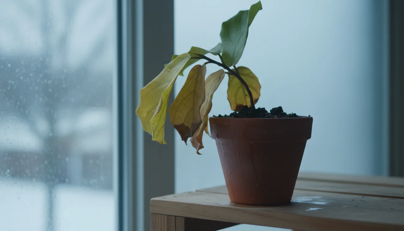 A small container plant, its lower leaves yellowing and slightly drooping, sits on a wooden shelf. The soil in the pot appears visibly damp.
