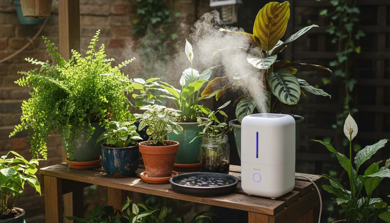 A small cool-mist humidifier, a pebble tray with a plant, and grouped houseplants like fern, Fittonia, and Calathea on a patio shelf.