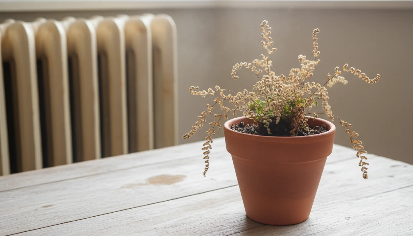 A small, slightly crisped Maidenhair fern in a ceramic pot sits on a wooden table near a warm radiator.