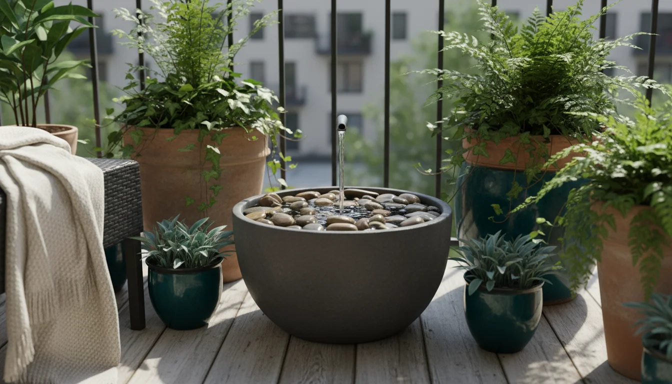Small, dark grey pebble fountain on an urban balcony, water trickling over stones, surrounded by potted ferns and hostas in morning light.