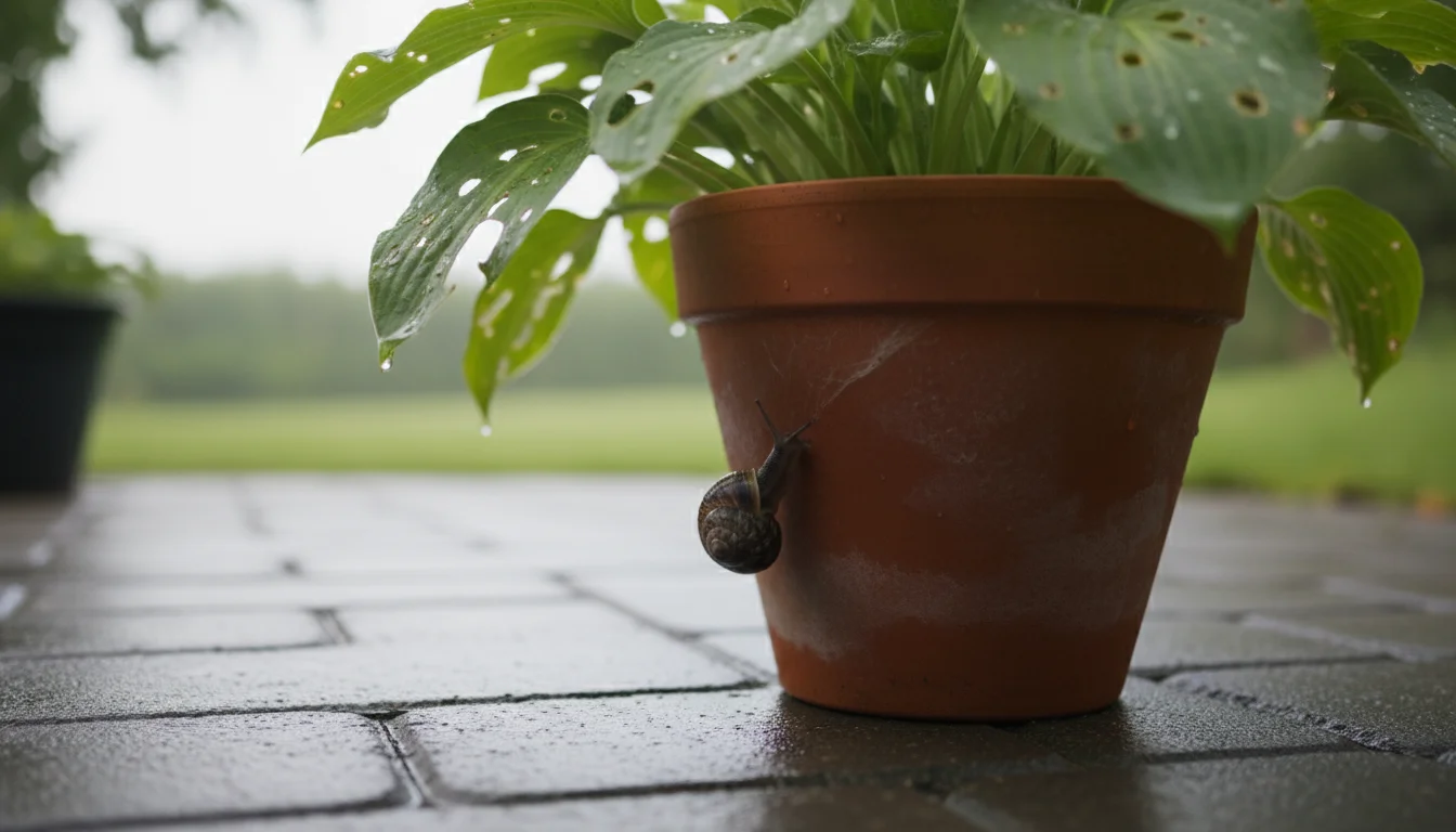 A small, dark-shelled snail emerging from under a terracotta pot on a damp patio, with hosta leaves showing pest damage.