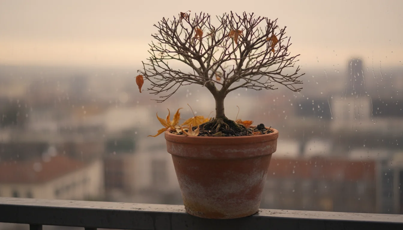Close-up of a small deciduous shrub with bare, intricate branches and a few fallen golden leaves in a sturdy terracotta pot on a balcony railing, bath