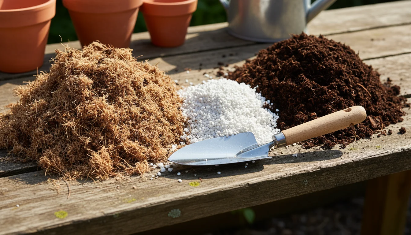 Close-up of small, distinct piles of light brown peat moss, white perlite, and dark compost on a wooden potting bench with a trowel.