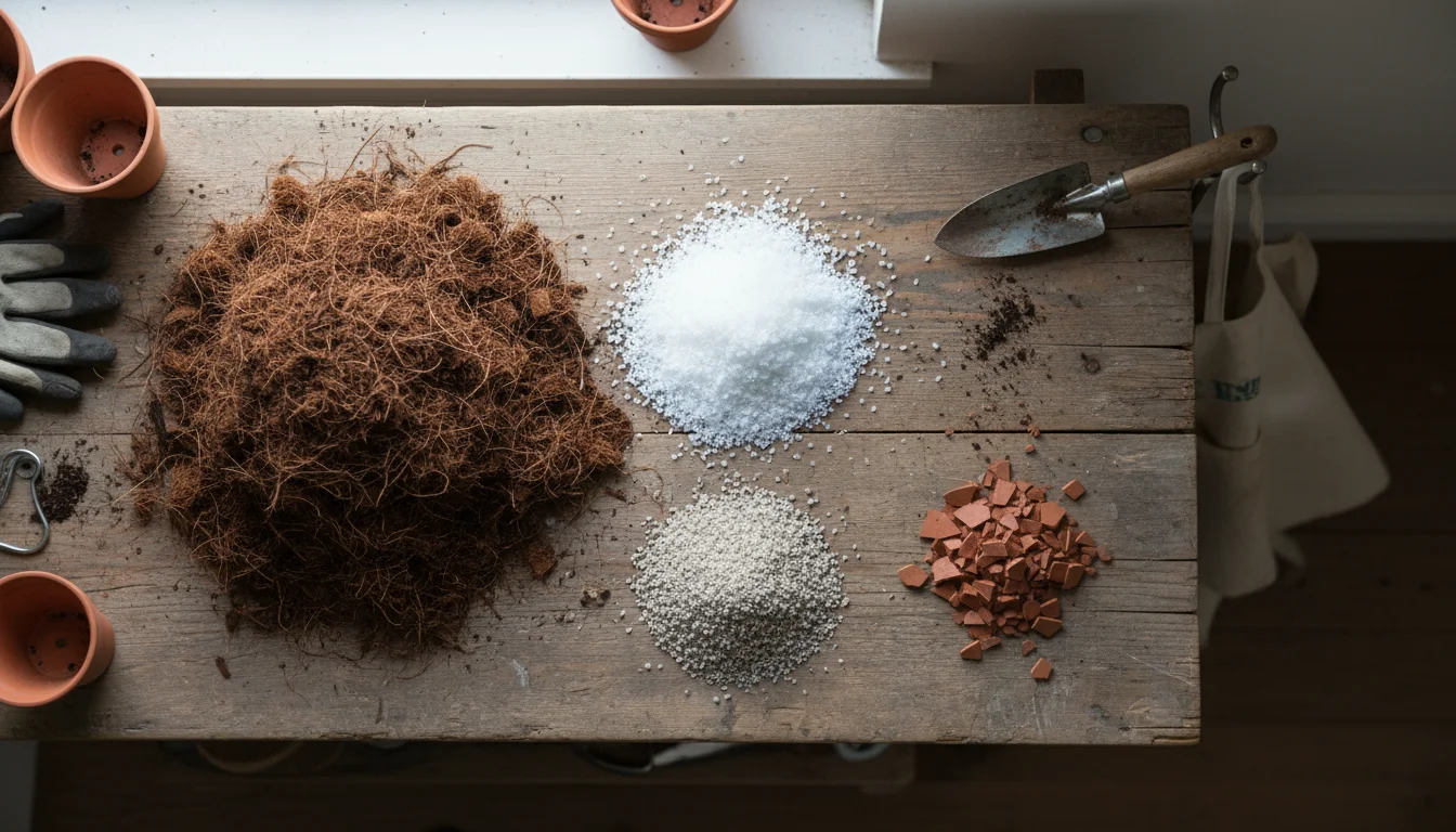 Small, distinct piles of potting mix components: dark coir, white perlite, light grey pumice, and reddish-brown bark chips on a rustic wooden table, w