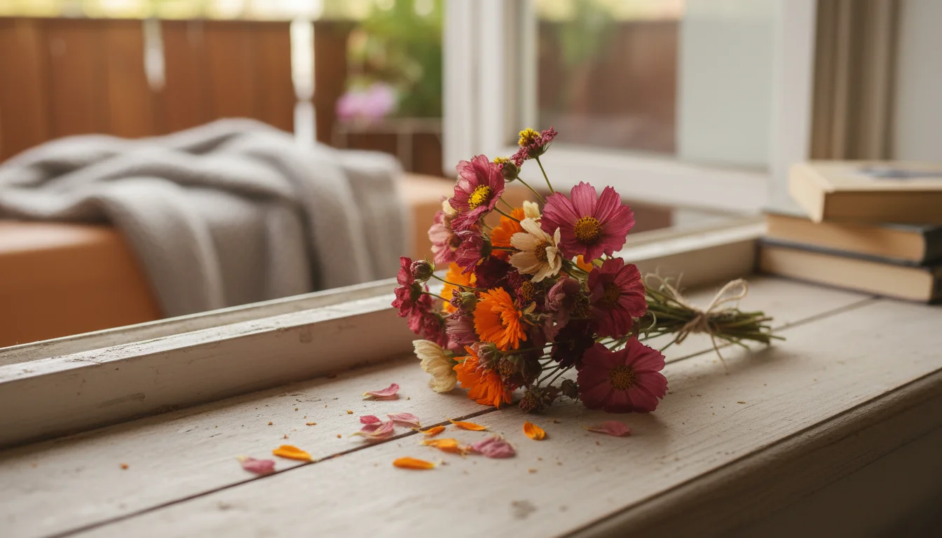 Small dried cosmos and calendula flowers on a worn wooden windowsill, with tiny, brittle petals scattered on the dusty surface below.